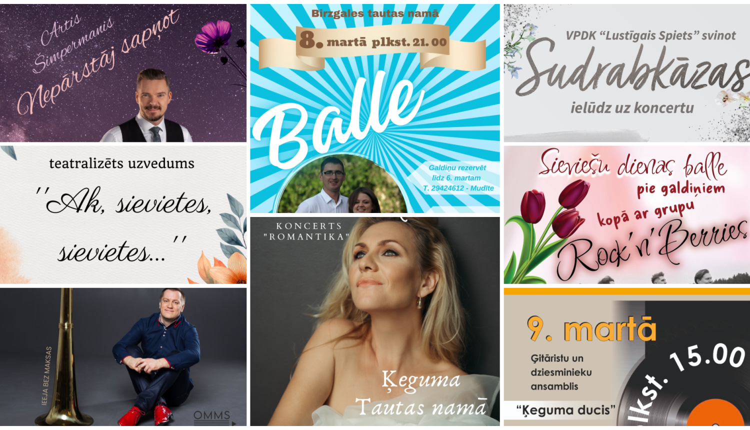 Nedēļas nogales pasākumu afišu kolāža