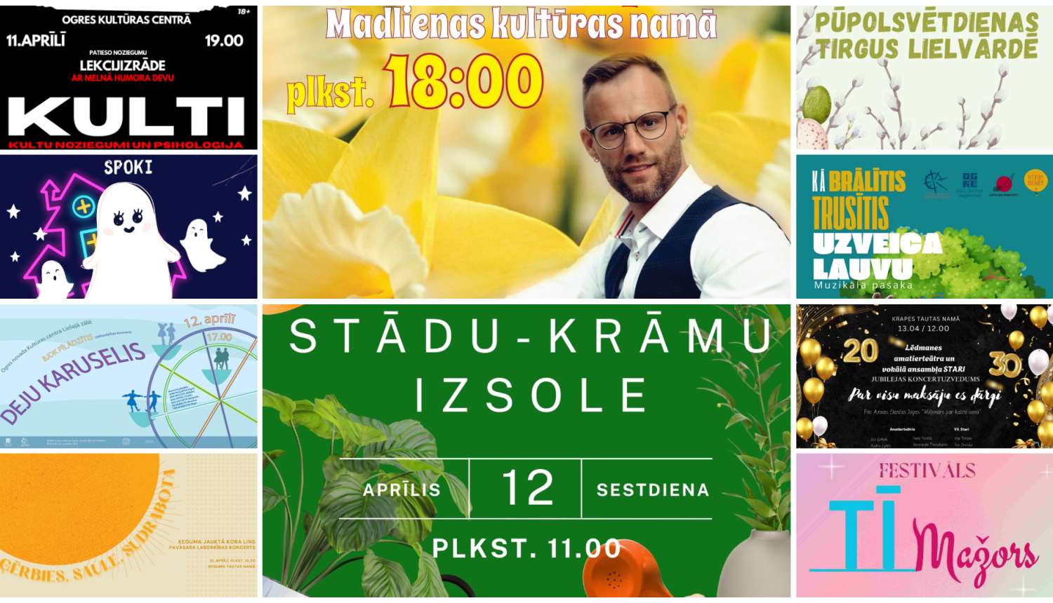 Afišu kolāža pasākumiem Ogres novadā no 11. līdz 13. aprīlim