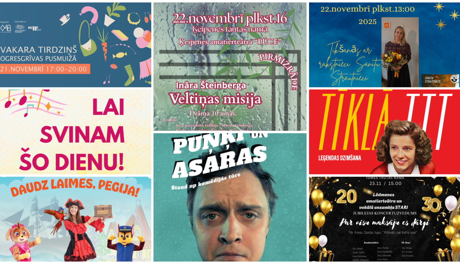 Nedēļas nogales pasākumu afišu kolāža