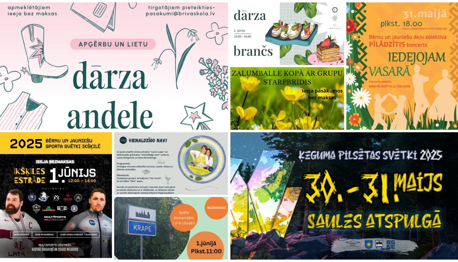 Nedēļas nogales pasākumu afišu kolāža