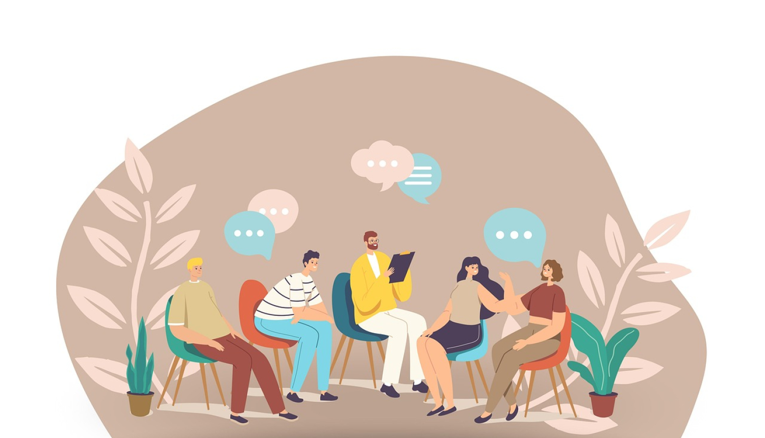 Atbalsta pasākumi NVO. Zīmēts attēls ar mazu fokusgrupu, kurā tiek ģenerētas idejas