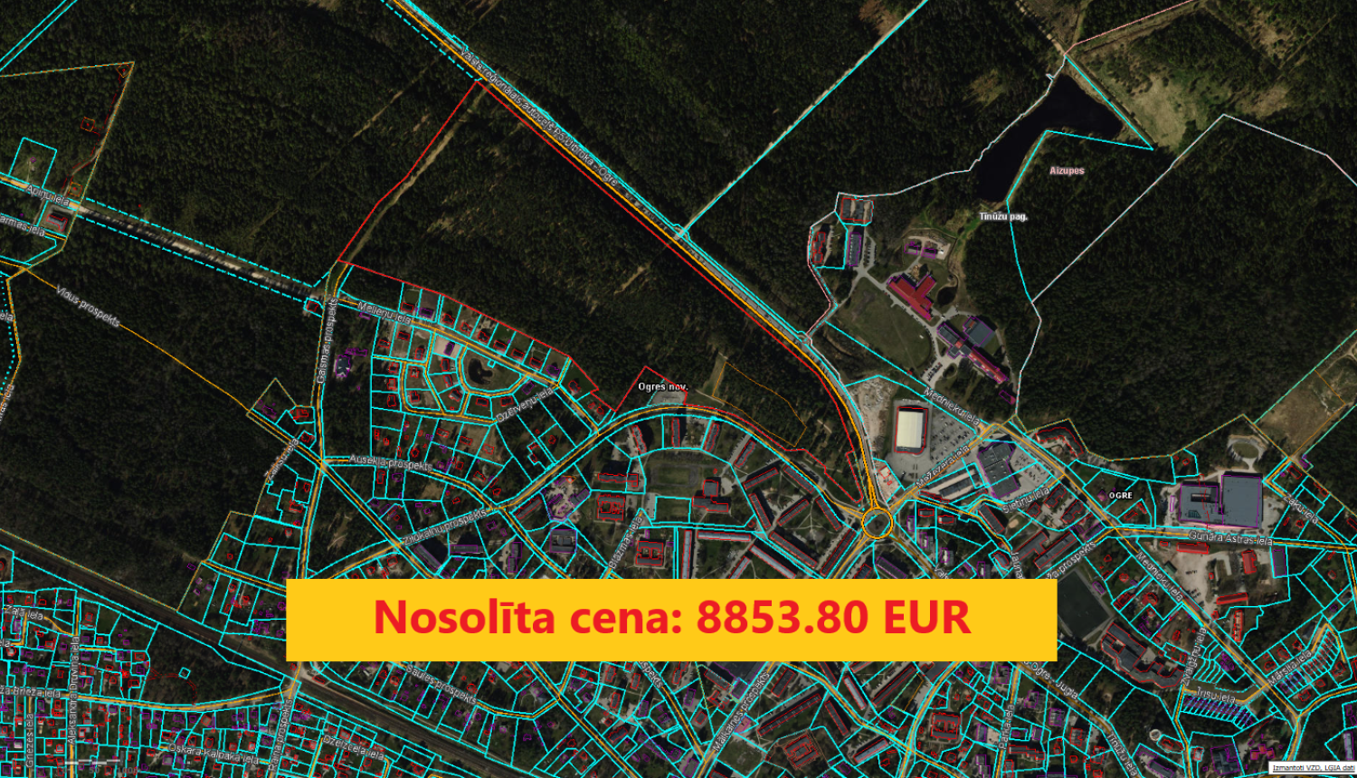 Izsoles rezultāts sanitārajai cirsmai Ogres Zilajos kalnos. Nosolītā cena 8853,80 eiro