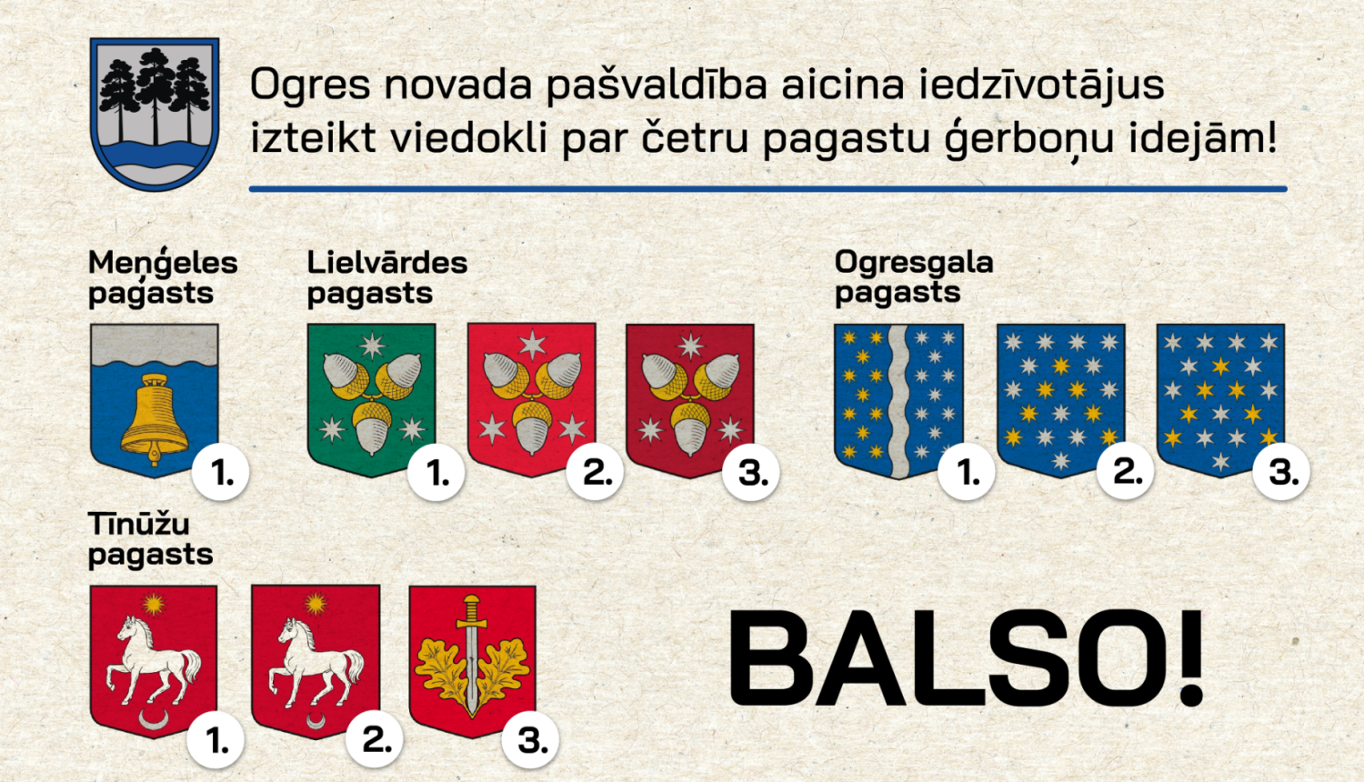 Pašvaldība aicina iedzīvotājus izteikt viedokli par Meņģeles, Ogresgala, Lielvārdes un Tīnūžu pagastu ģerboņiem