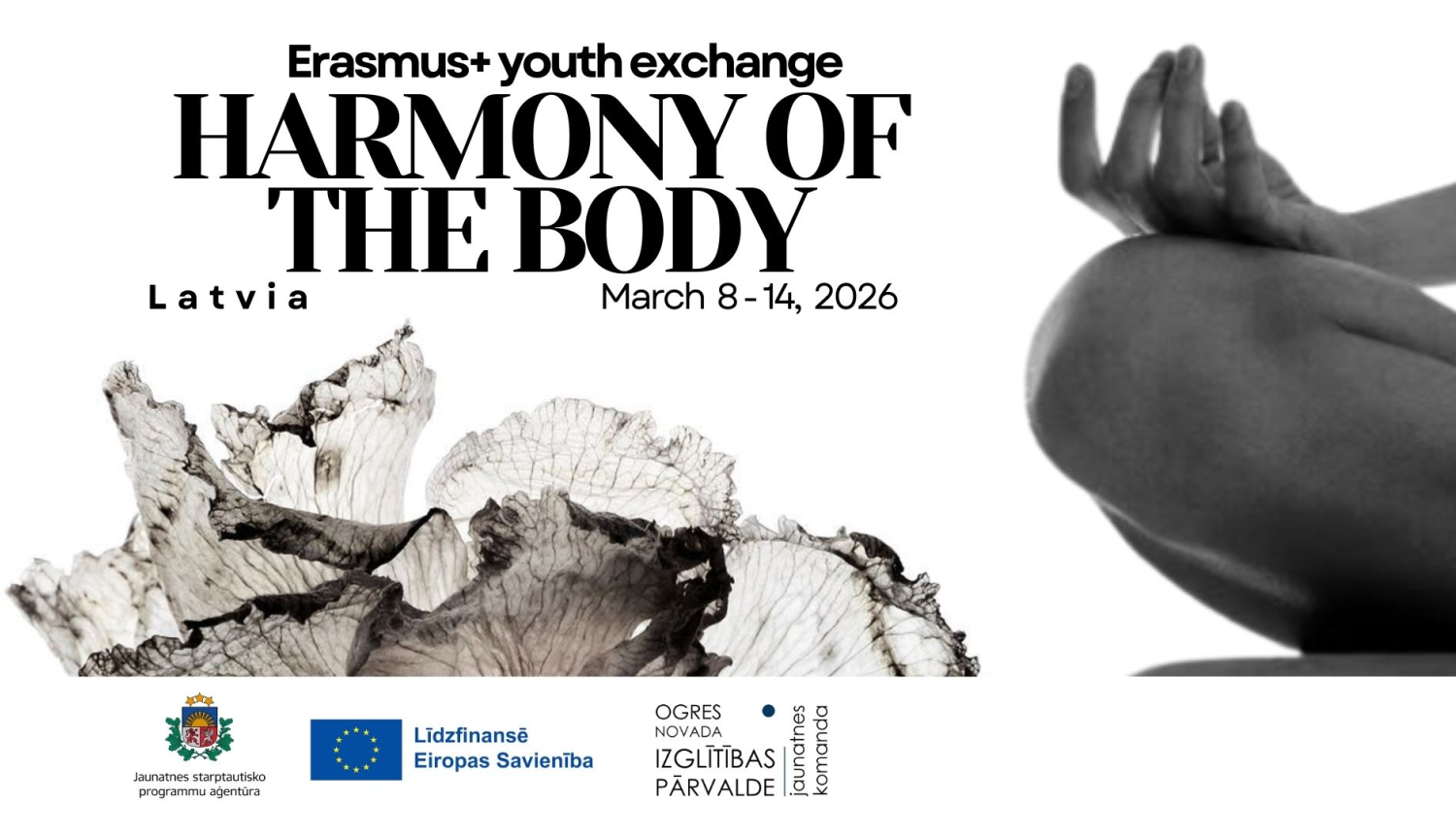 Erasmus projekta aktivitātes vizuālis - redzams kājas ceļgals, kā persona sēdētu meditācijas pozā, un uz tā plauksta