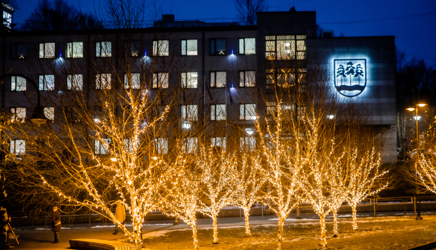 Ogres novada pašvaldības domes ēka ar izgaismotiem bērziņiem priekšplānā