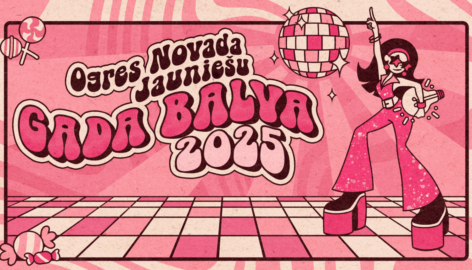 Ogres novada Jauniešu Gada balva 2025 - izvirzi savu varoni. Afiša rozā un disko stilā