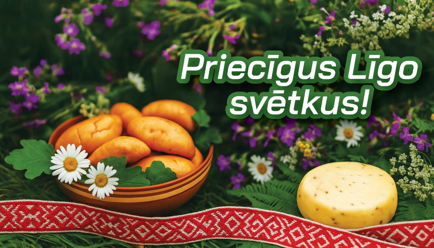 Ogres novada pašvaldība vēl priecīgus Līgo svētkus! Attēlā māla bļoda ar pīrāgiem, dekorēts ar margrietiņām, ķimeņu siera ritulis un jāņuzāles. Attēla apakšā - Lielvārdes josta.