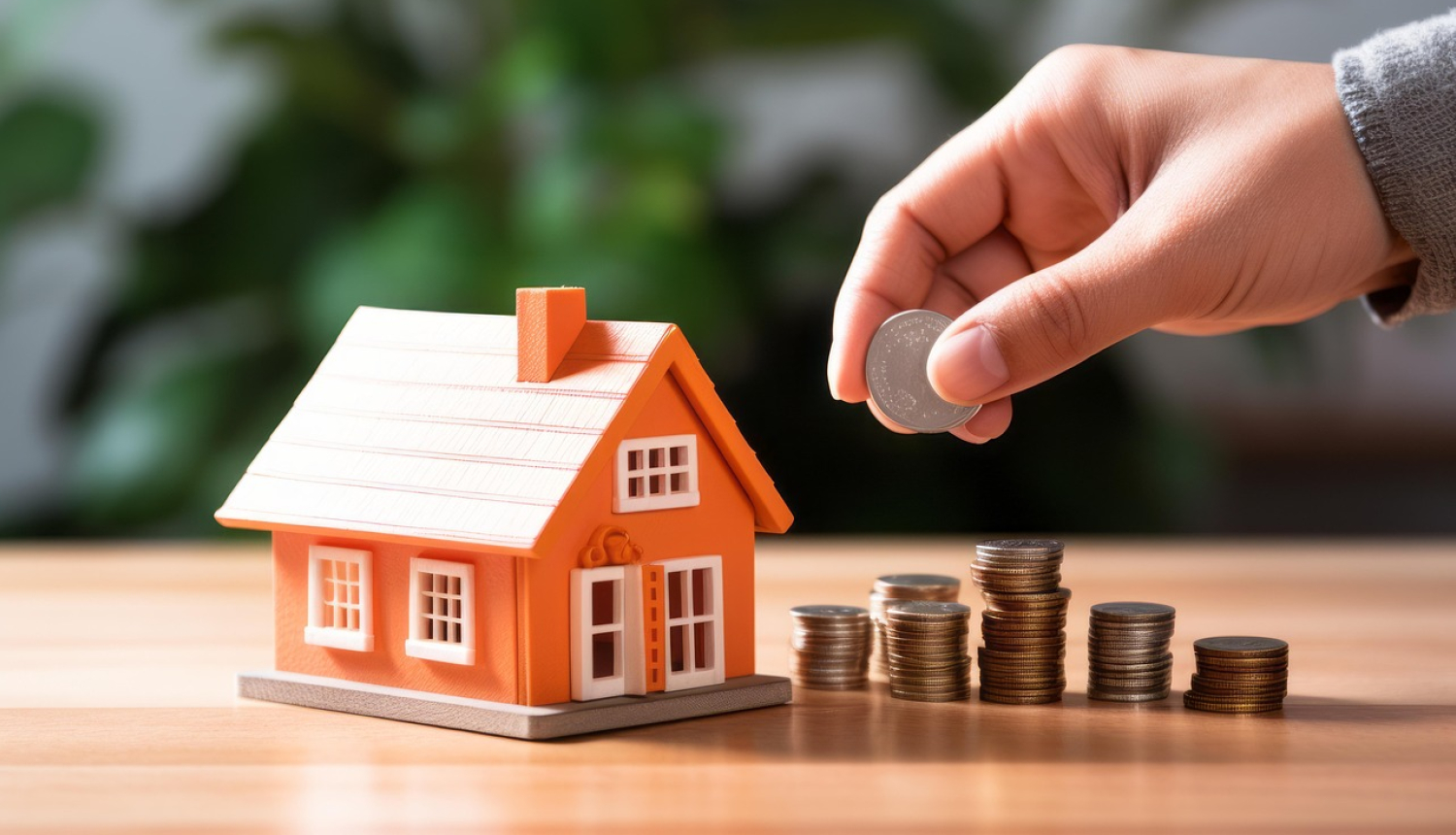 Uz galda novietota rotaļu mājiņa, blakus vairākas monētu kaudzītes, virs kurām redzama cilvēka roka ar monētu