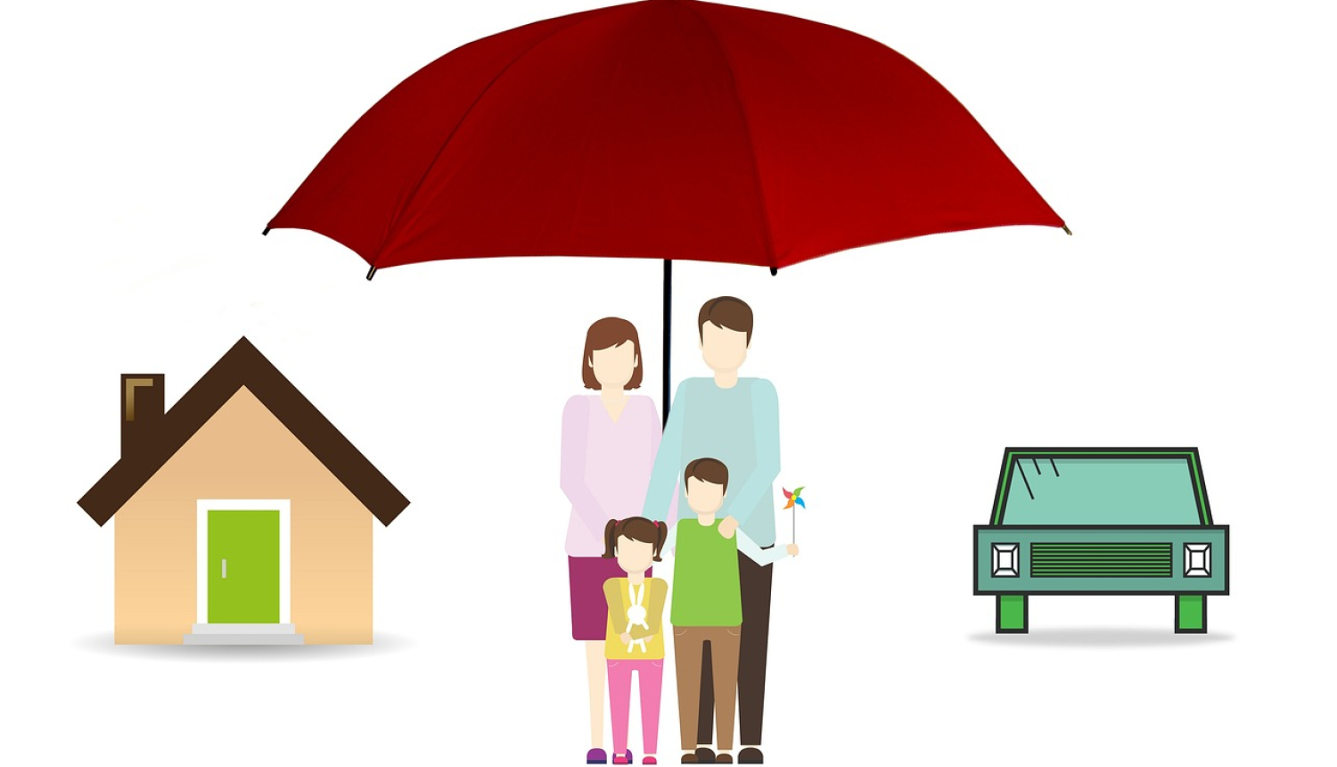 Ģimene ar diviem bērniem zem lietussarga, no viņiem pa kreisi - māja, pa labi - automašīna. Animēts attēls