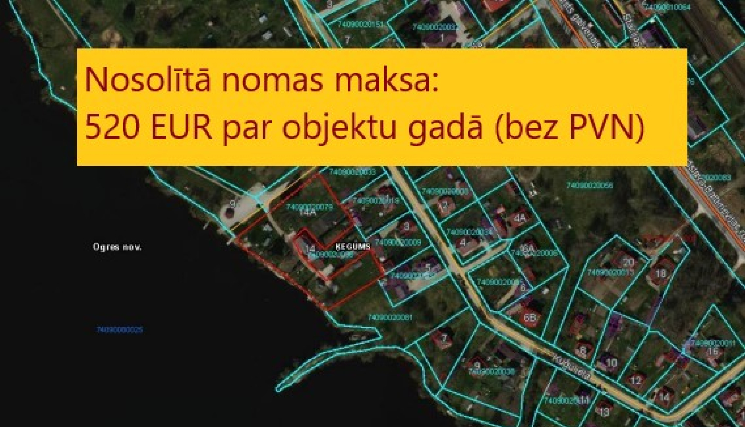 Noslēgusies nomas tiesību izsole īpašumam Lāčplēša ielā 14A Ķegumā. Nosolītā nomas maksa 520 eur par objektu gadā bez pievienotās vērtības nodokļa