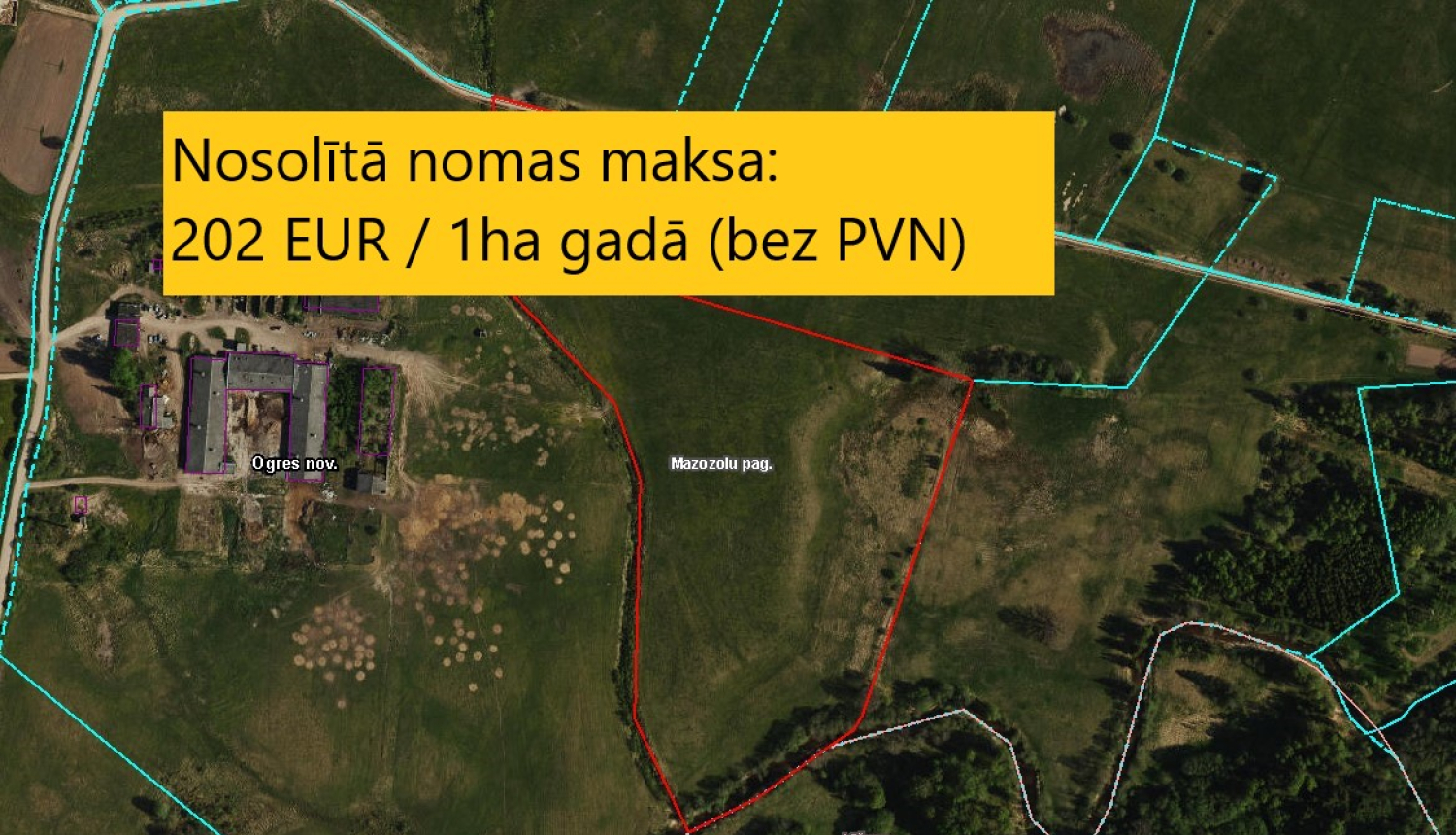 Karte ar informāciju uz tās - nosolītā nomas maksa - 202 eiro par vienu hektāru gadā bez PVN