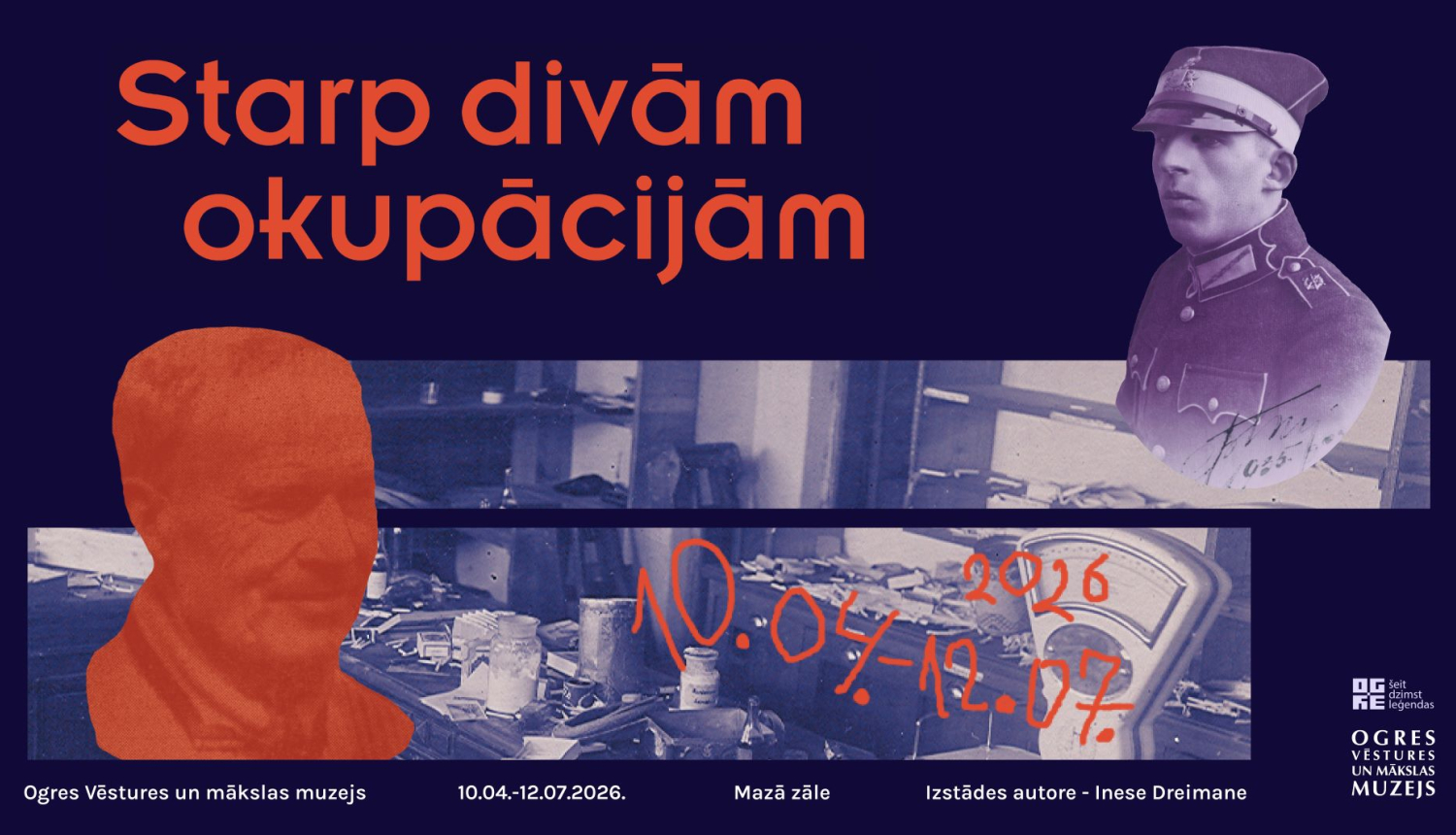 Afiša ar informāciju par izstādi un senu fotogrāfiju fragmentiem