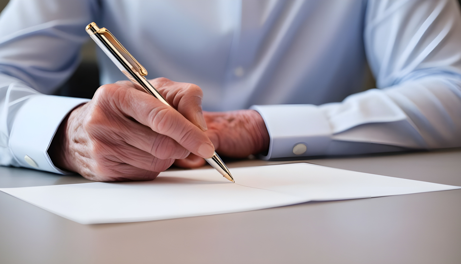 Parakstīšanās. Kunga rokas, kas ar pildspalvu parakstās uz papīra