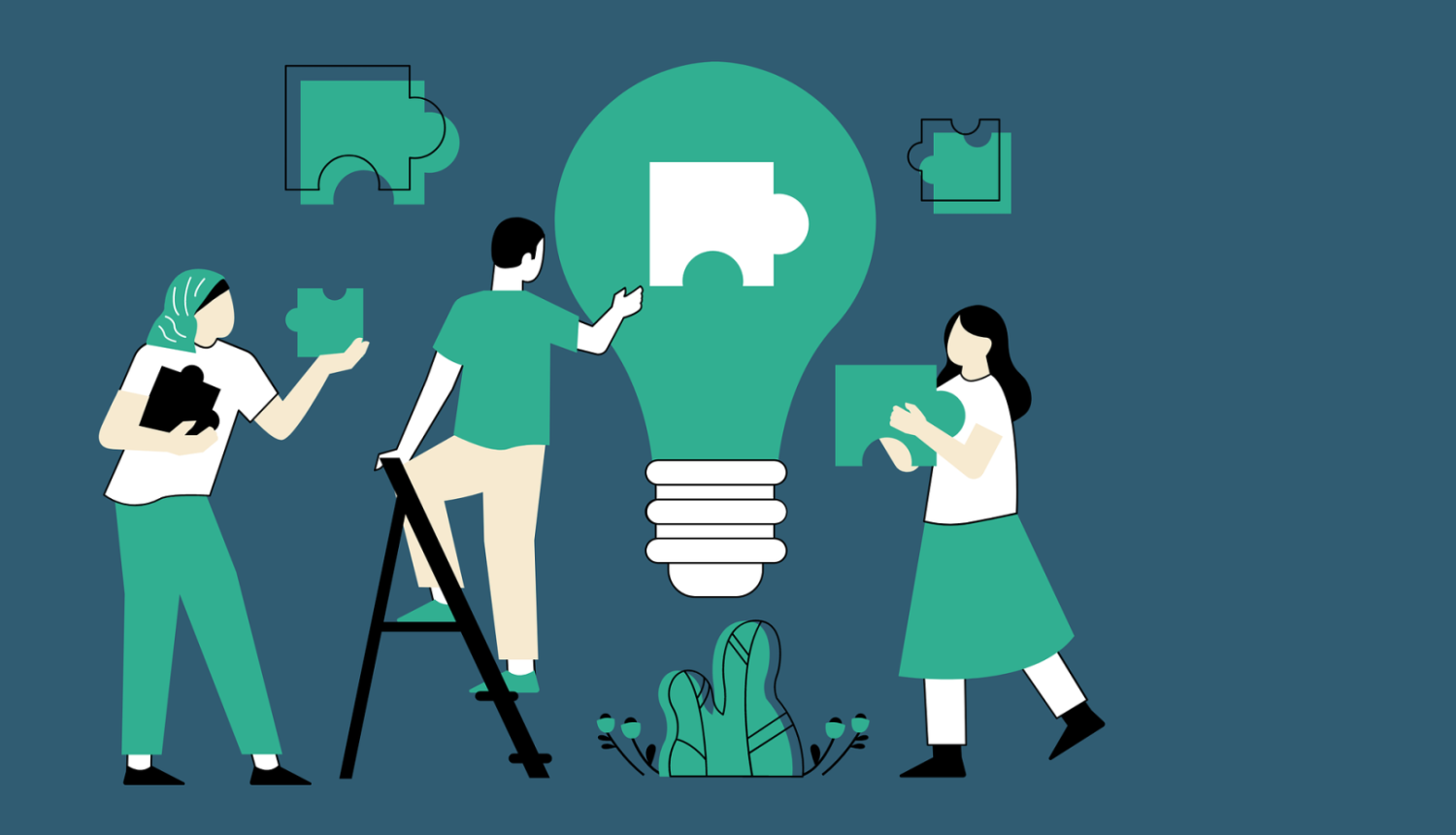 3 cilvēki, no kuriem viens pakāpies uz saliekamām kāpnītēm, tur rokās pužļa gabaliņus un liek tos uz lielas spuldzes