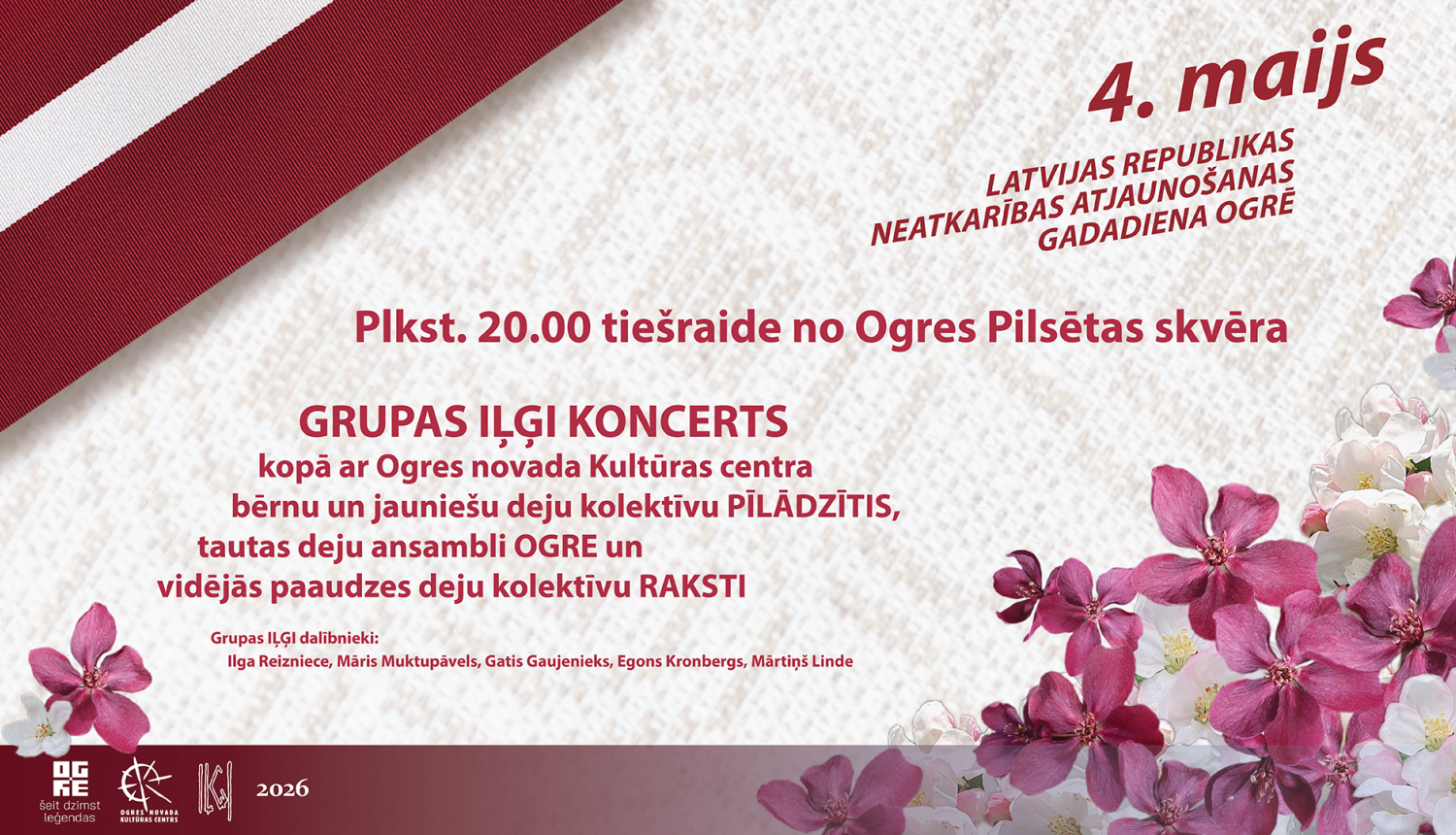 4. maijā plkst. 20.00 tiešraidē no Ogres Pilsētas skvēra tiks translēts latviešu postfolkloras un folkloras grupas IĻĢI koncerts, kurā piedalās Ogres novada Kultūras centra bērnu un jauniešu deju kolektīvs PĪLĀDZĪTIS, tautas deju ansamblis OGRE un vidējās paaudzes deju kolektīvs RAKSTI.