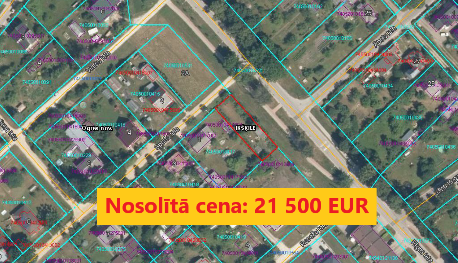 Izsoles rezultāts Sporta iela 1A Ikšķile, nosolītā cena 21500 eiro.