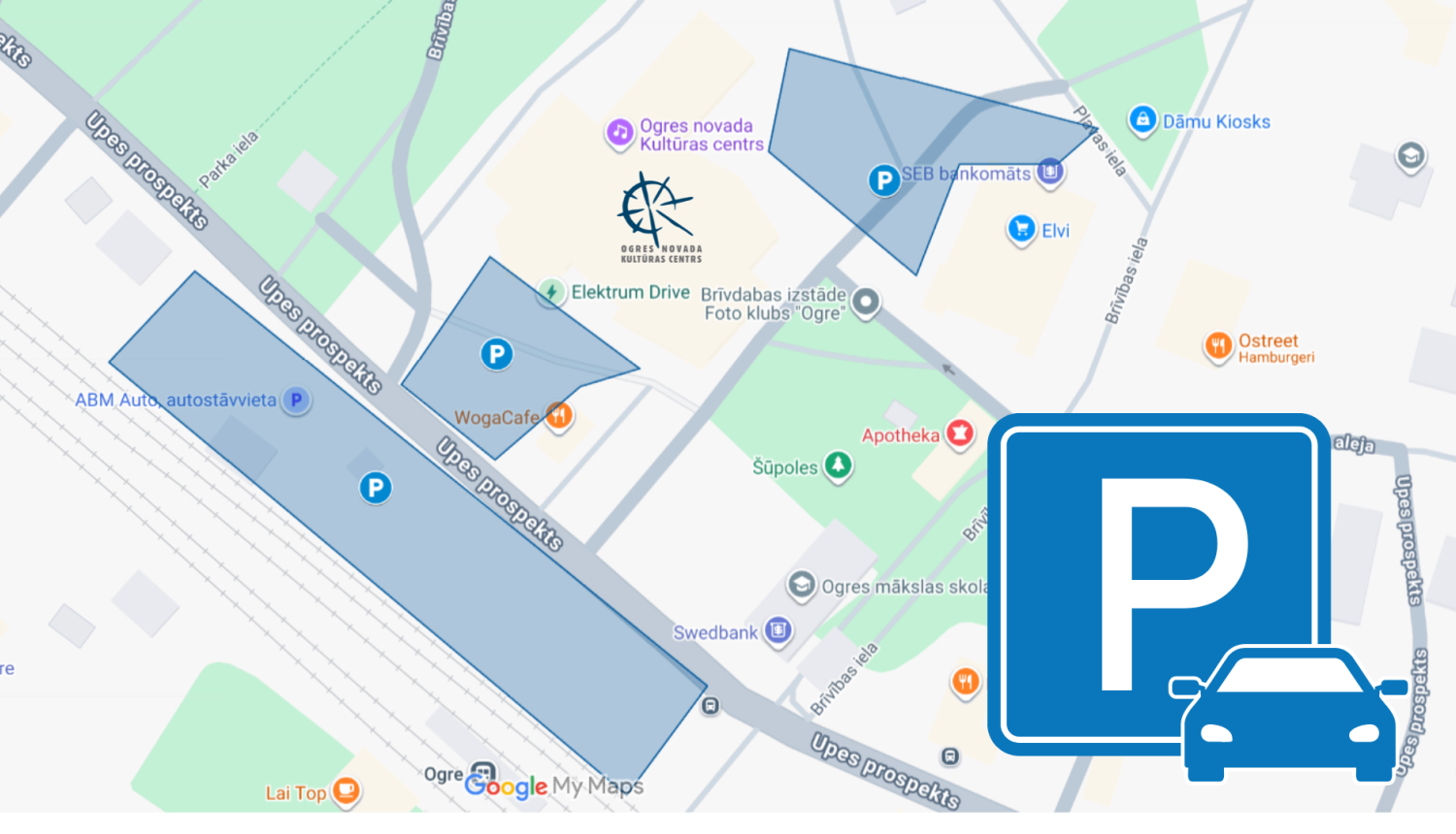 Autostāvlaukumu izvietojums Ogres centrā - karte, ceļu satiksmes apzīmējuma zīme - balts P burts uz zila fona un zila automašīna