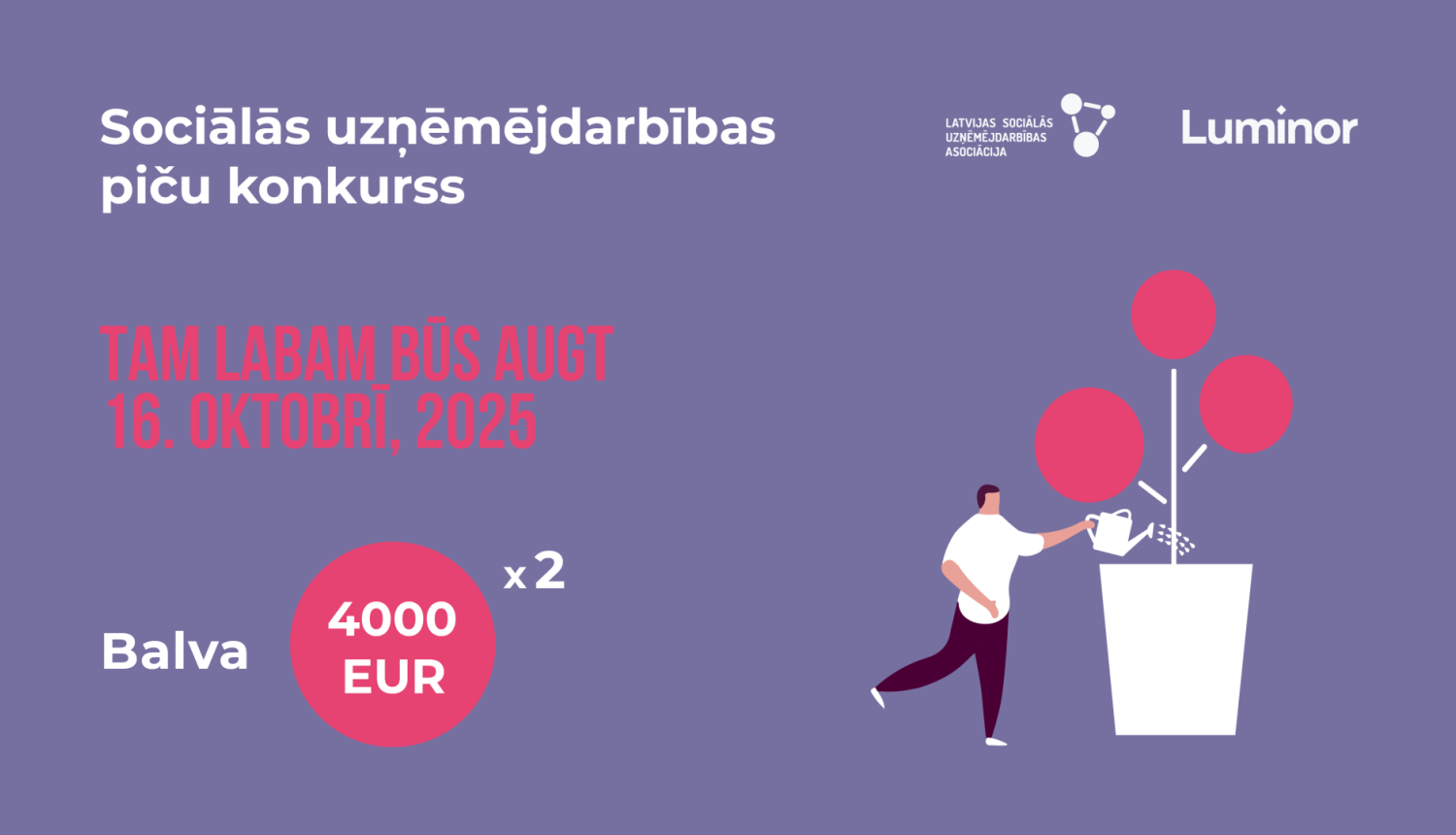 Afiša konkursam "Tam labam būs augt". Konkursā var piedalīties un iegūt balvu sociālās uzņēmējdarbības veikšanai. Attēla zīmēts vīrietis pie liela puķu poda laista tur augošo ziedu