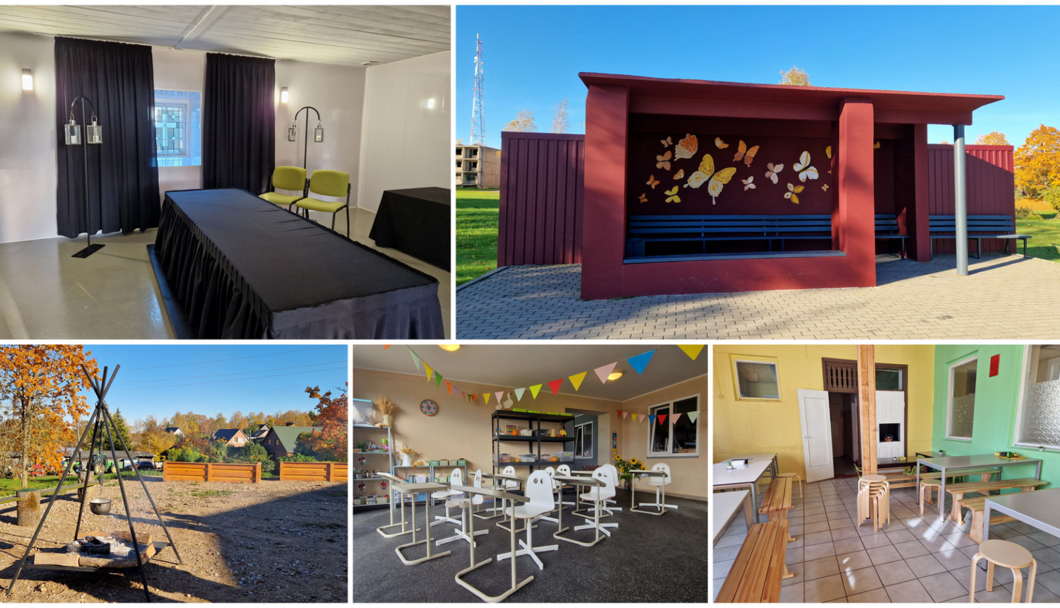 Kolāža ar piecu īstenoto projektu attēliem - Suntažu kapličas iekštelpām, Taurupes autobusa pieturu, Ķeipenes ugunskura vietu priekšplānā un augstajām tējas dobēm fonā, bērnudārza "Riekstiņš" garāžas nojumē izveidoto āra klasi un  Mazozolu skolas ēdnīcu ar jaunajiem soliem