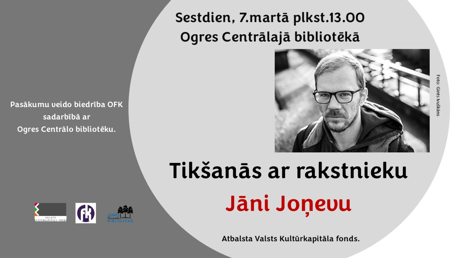 Tikšanās ar rakstnieku Jāni Joņevu 7. martā plkst. 13.00 Ogres Centrālajā bibliotēkā