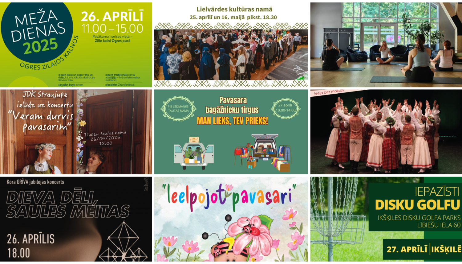Afišu kolāža pasākumiem Ogres novadā no 2025.gada 25. līdz 27. aprīlim