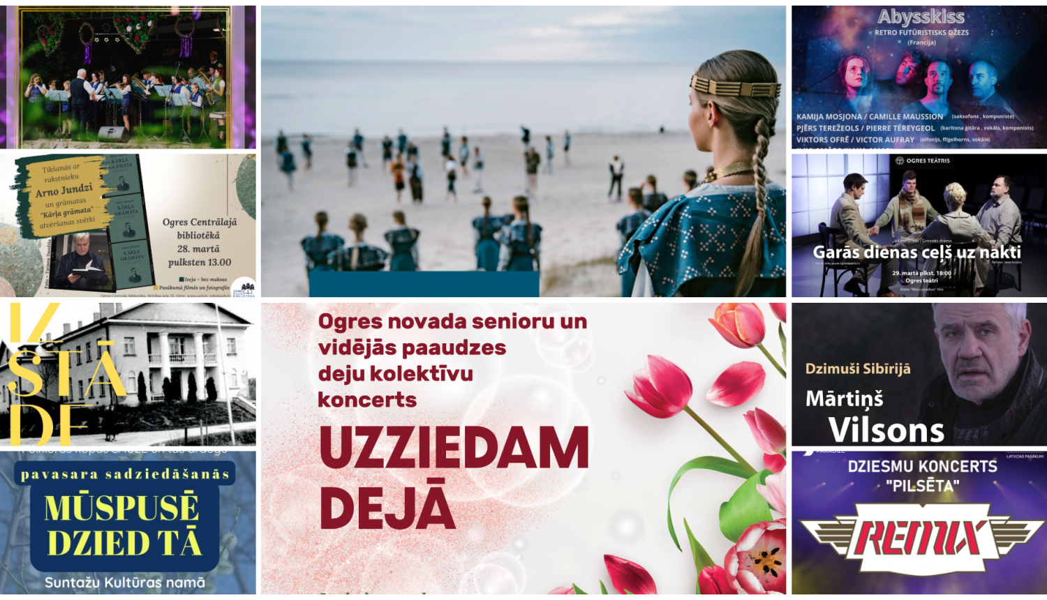 Afišu kolāža pasākumiem Ogres novadā no 27. līdz 30. martam