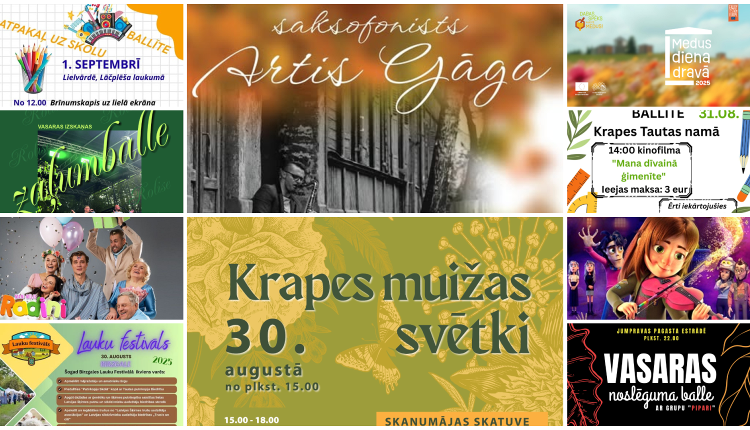Afišu kolāža pasākumiem Ogres novadā no 29. augustam līdz 1. septembrim