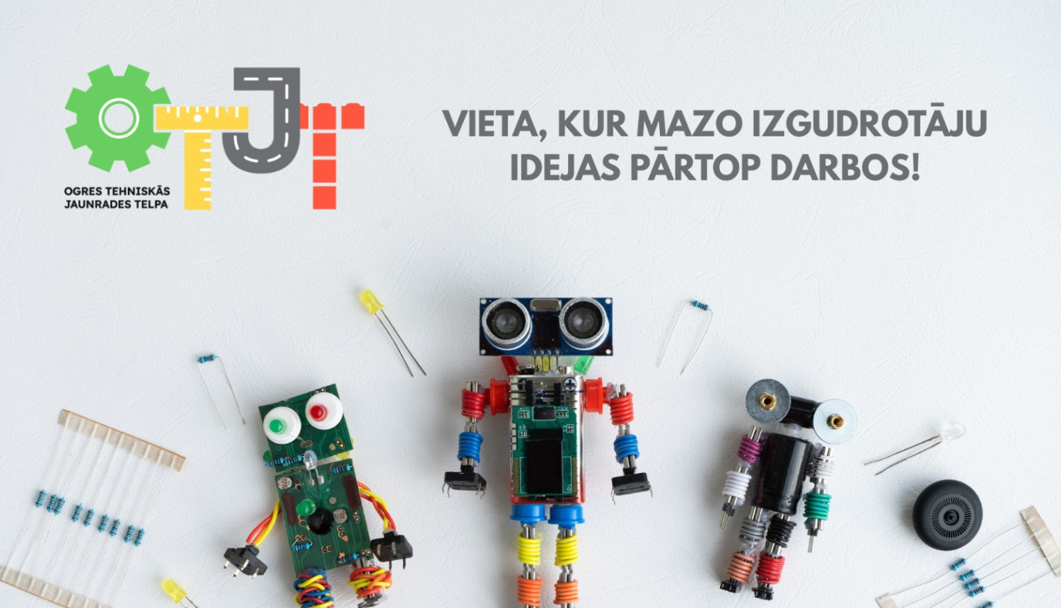 Aicinām pieteikties uz Ogres Tehniskās Jaunrades Telpas programmām. Attēls ar robotiņiem