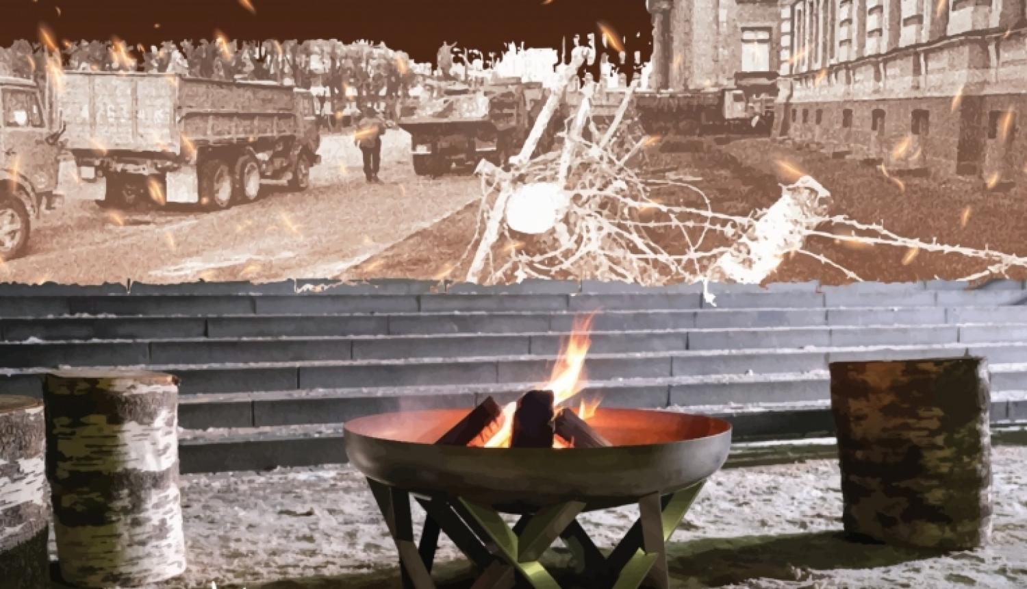 Ugunskurs un fonā attēls ar 1991. gada barikādēm