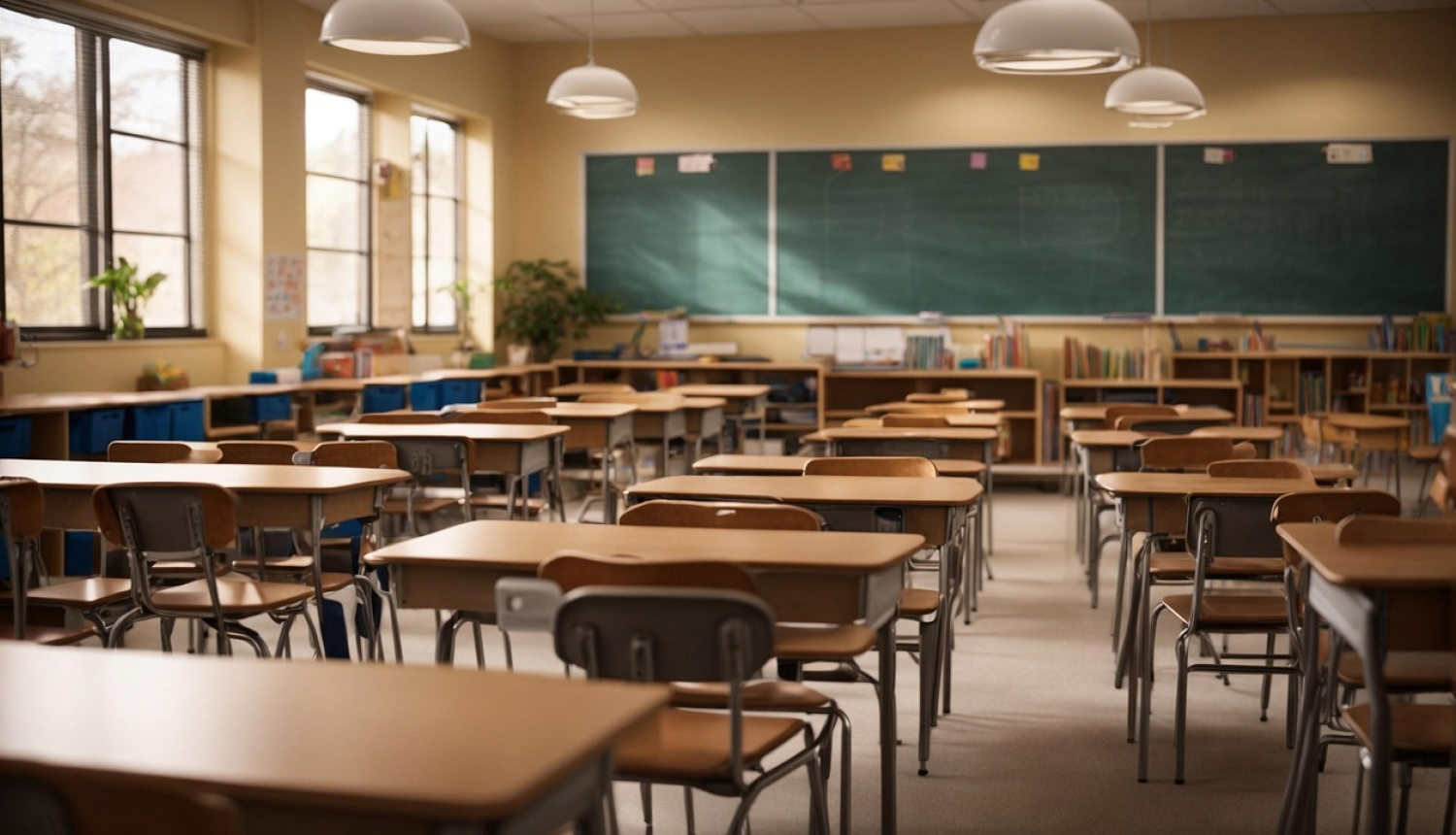 Klases telpa ar skolēnu galdiem, krēsliem un zaļu tāfeli