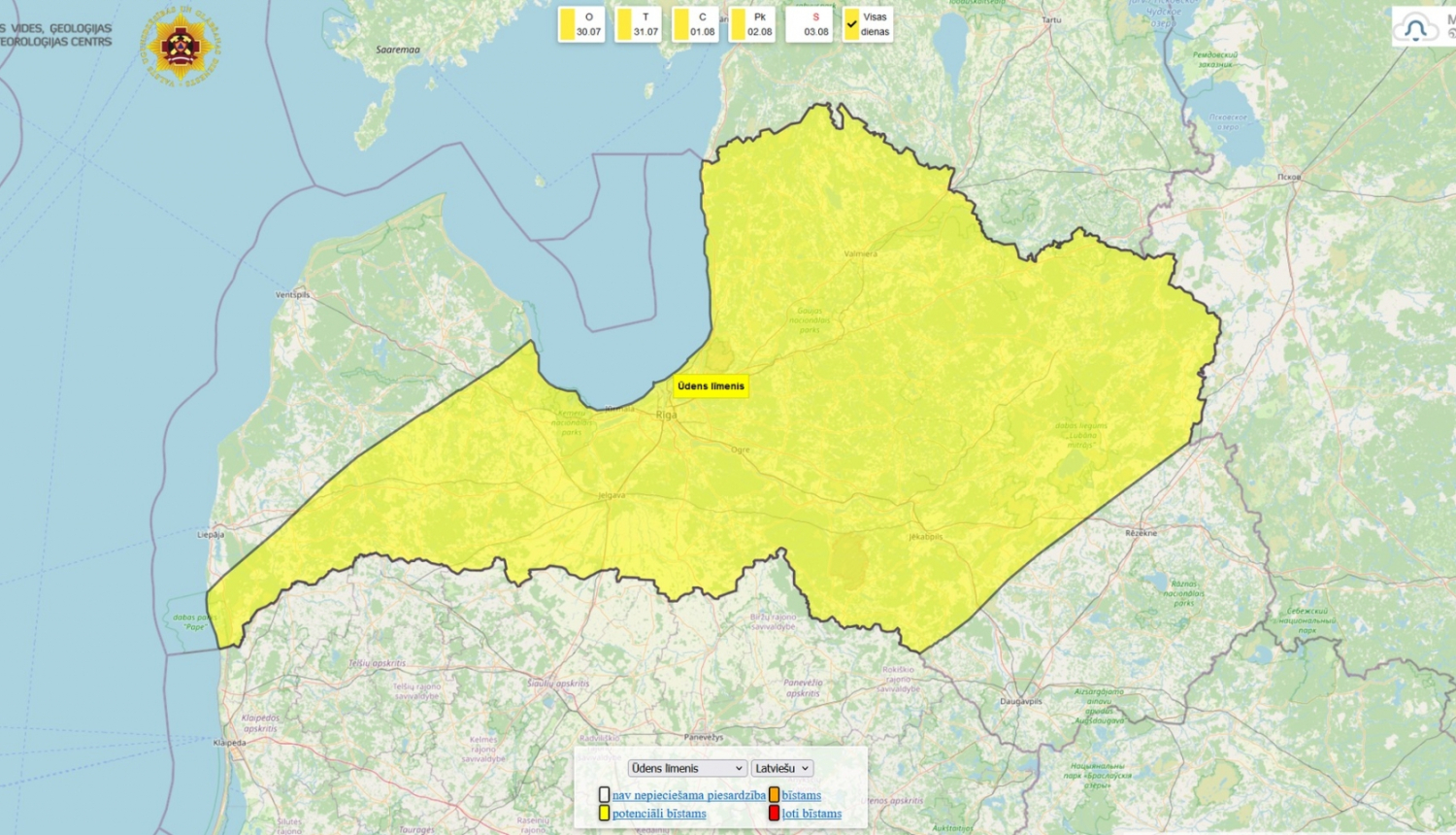 Dzeltenais brīdinājums Latvijas karte 30.07.2024.