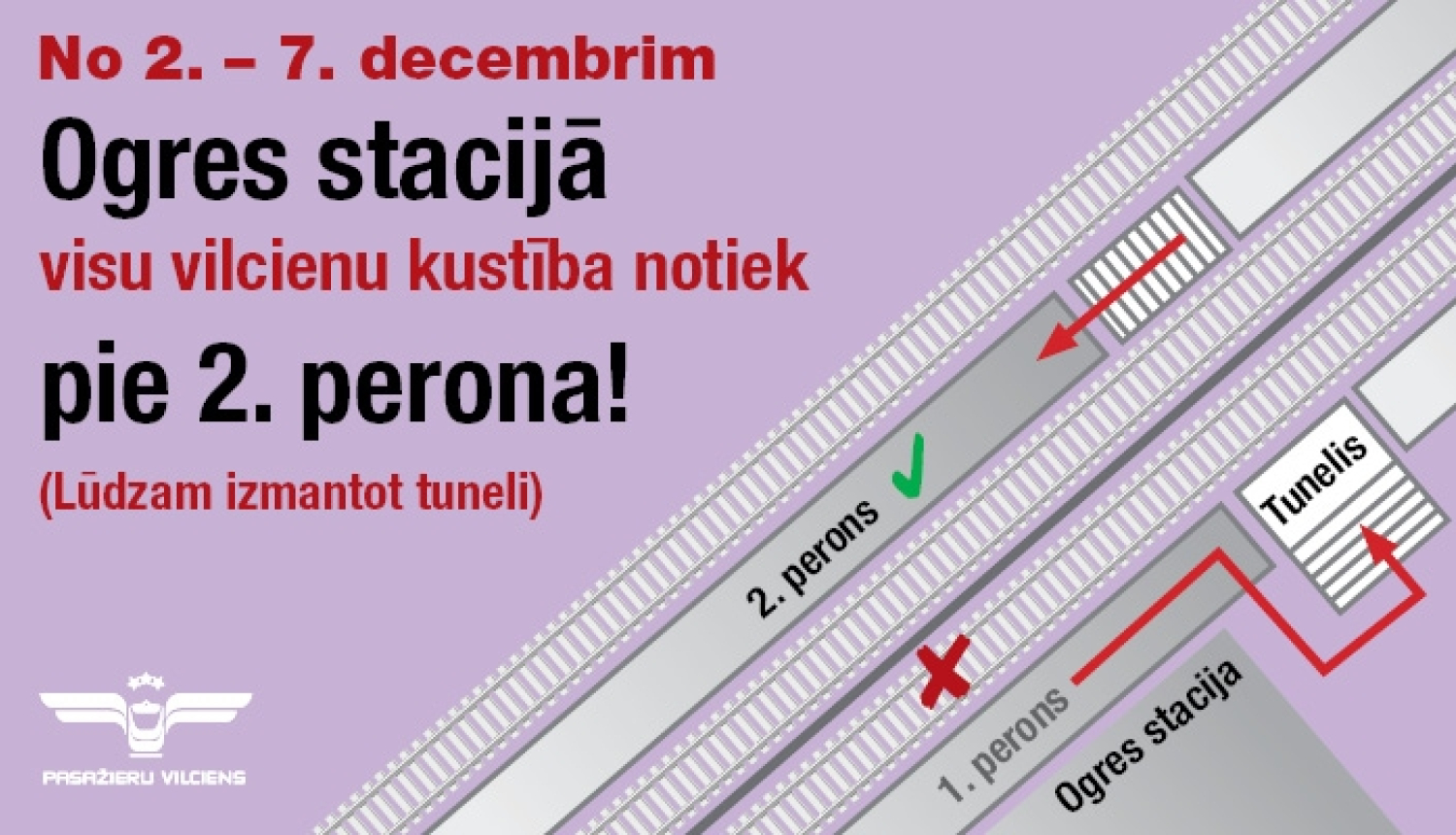 Līdz 7. decembrim Ogres stacijā visu vilcienu kustība notiek pie 2. perona
