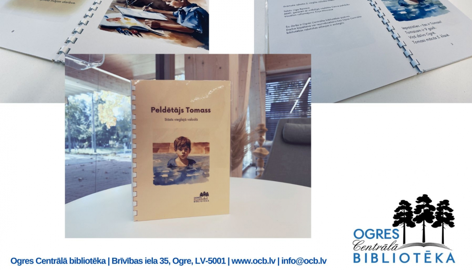 Bilžu kolāža at attēliem no grāmatiņas vieglajā valodā, ko sagatavojusi Ogres Centrālā bibliotēka