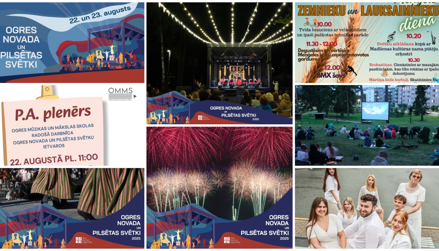 Afišu kolāža pasākumiem Ogres novadā 2025.gada 22. un 23. augustā 