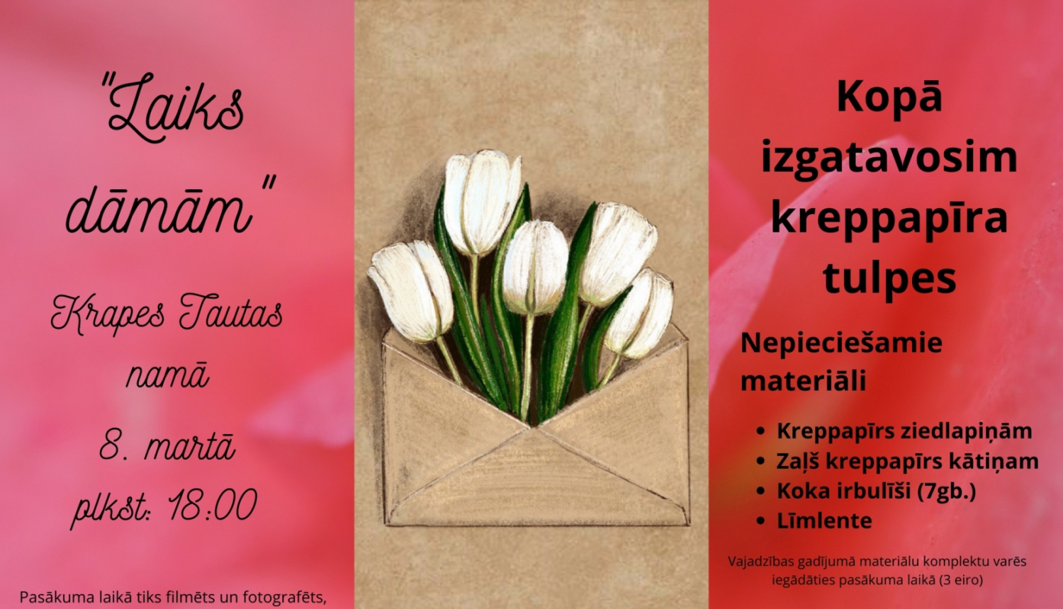Tulpju izgatavošana no kreppapīra meistarklase Tomē plakāts 08.03.2024
