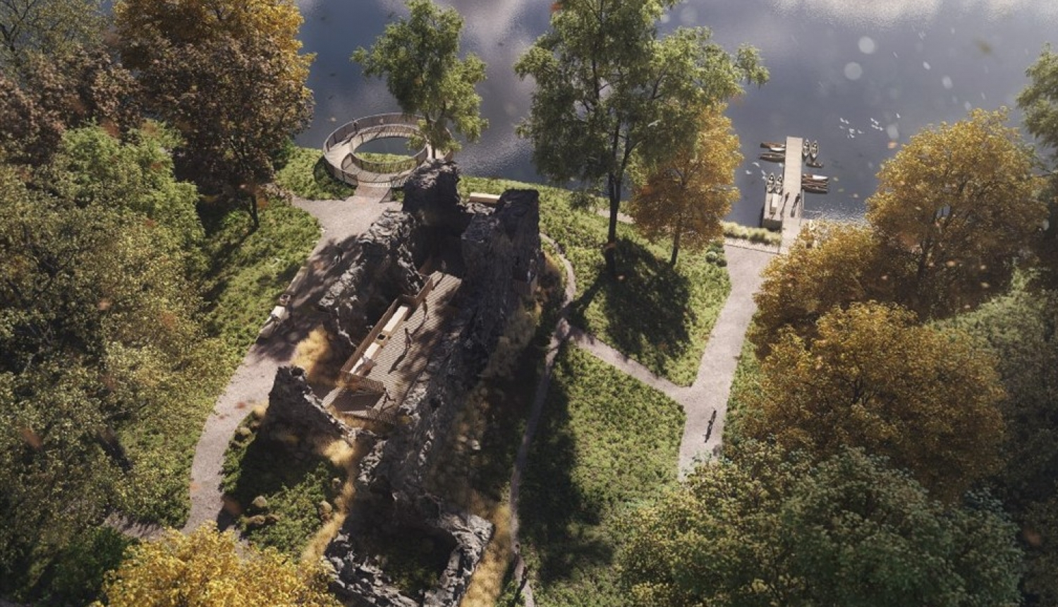 Lielvārdes parka mets - skats no augšas vasarā, zaļi koki, Daugava