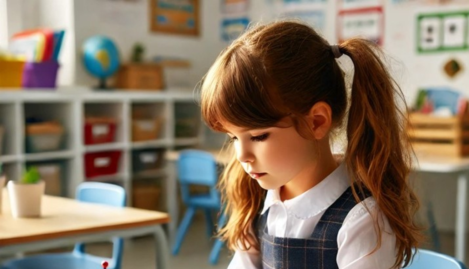 Meitene sēž pie galda ar lego robotu