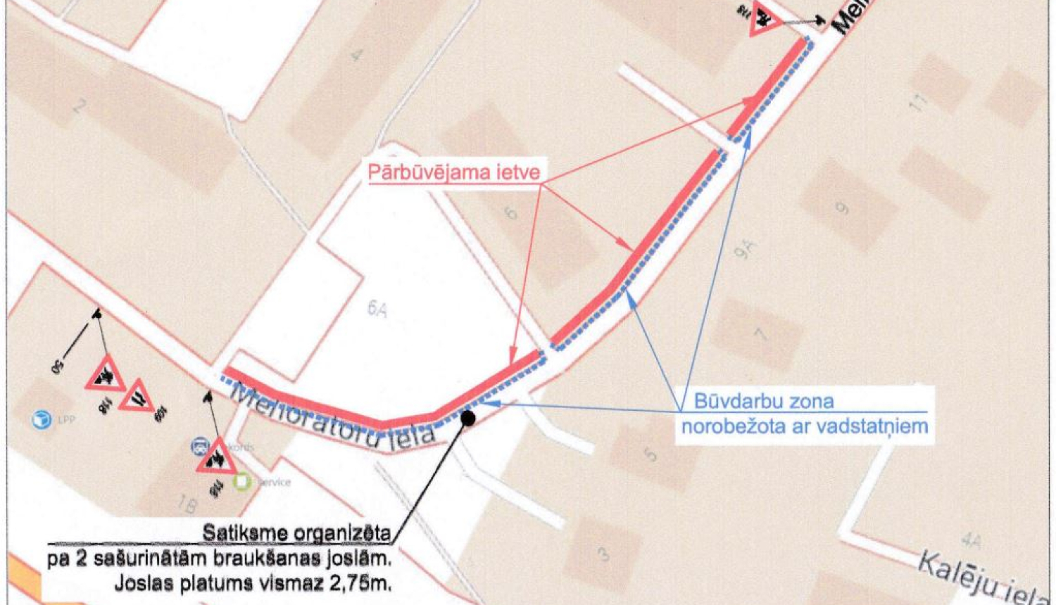 Satiksmes organizācijas shēma Melioratoru ielas pārbūves darbu laikā Ikšķilē