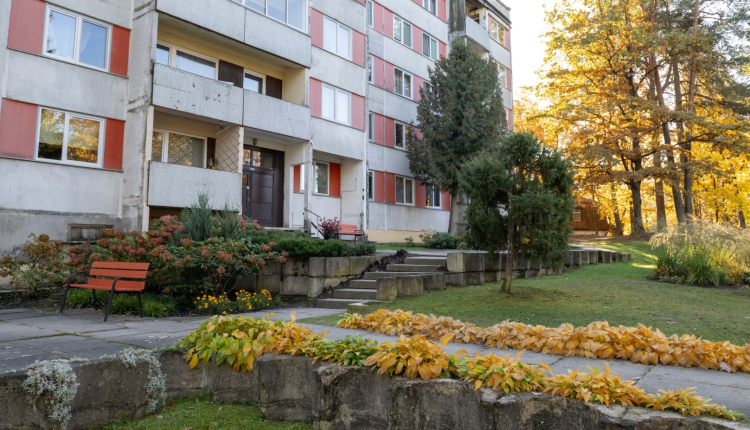 Nams Ogrē, Meža prospektā 6, kurš piedalījās konkursā par sakoptāko pagalmu, fonā rudens un saules iekrāsoti dzelteni koki