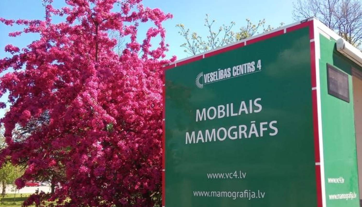 Mobilā mamogrāfa automobilis pie ziedoša koka