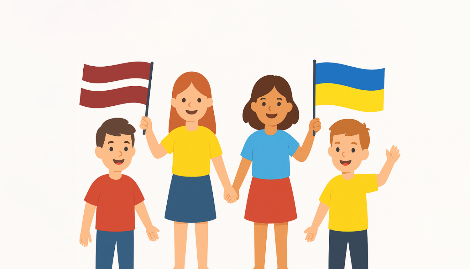 Ogres novada Izglītības pārvalde izsludina pieteikšanos uz Ukrainas un Latvijas bērnu un jauniešu nometņu organizēšanu. Attēlā bērni un pieaugušie ar Latvijas un Ukrainas karodziņiem