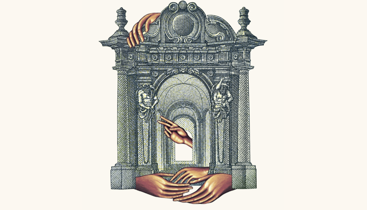 Teātra izrādes "Kredīts" vizuālis - stilizēti arkveida vārdi ar plukstām visās pusēs