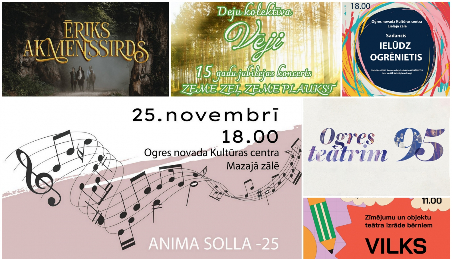 Pasākumi Ogres novadā plakātu kolāža 11.2023.