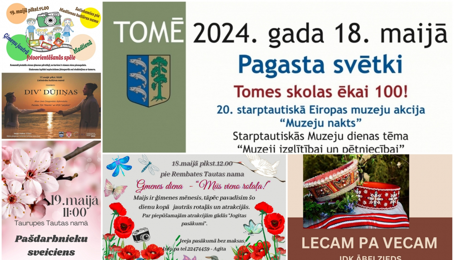 Pasākumu plakātu Ogres novadā 05.2024. kolāža