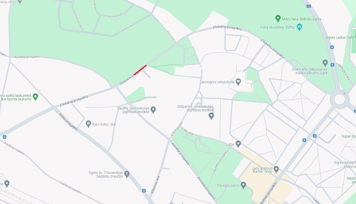 Ogres pilsētas karte ar iezīmētu remontdarbu veikšanas vietu