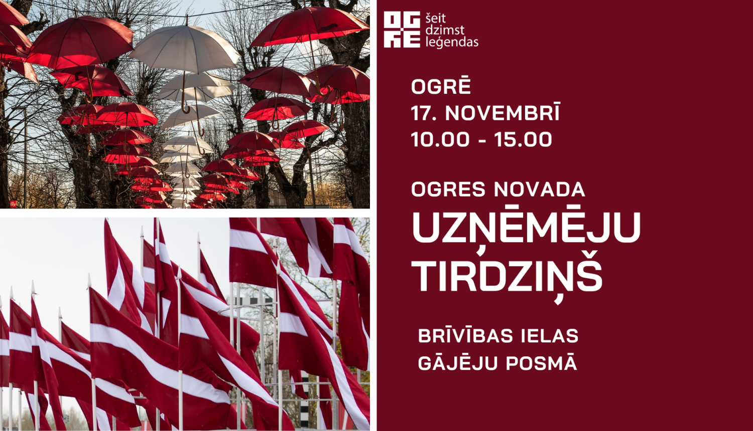 Sarkani un balti lietussargi, Latvijas karogi uz sarkana fona.