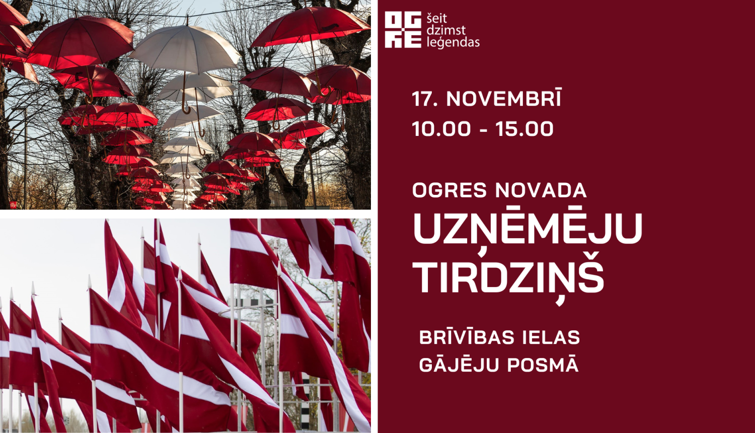 Sarkani un balti lietussargi, Latvijas karogi uz sarkana fona.