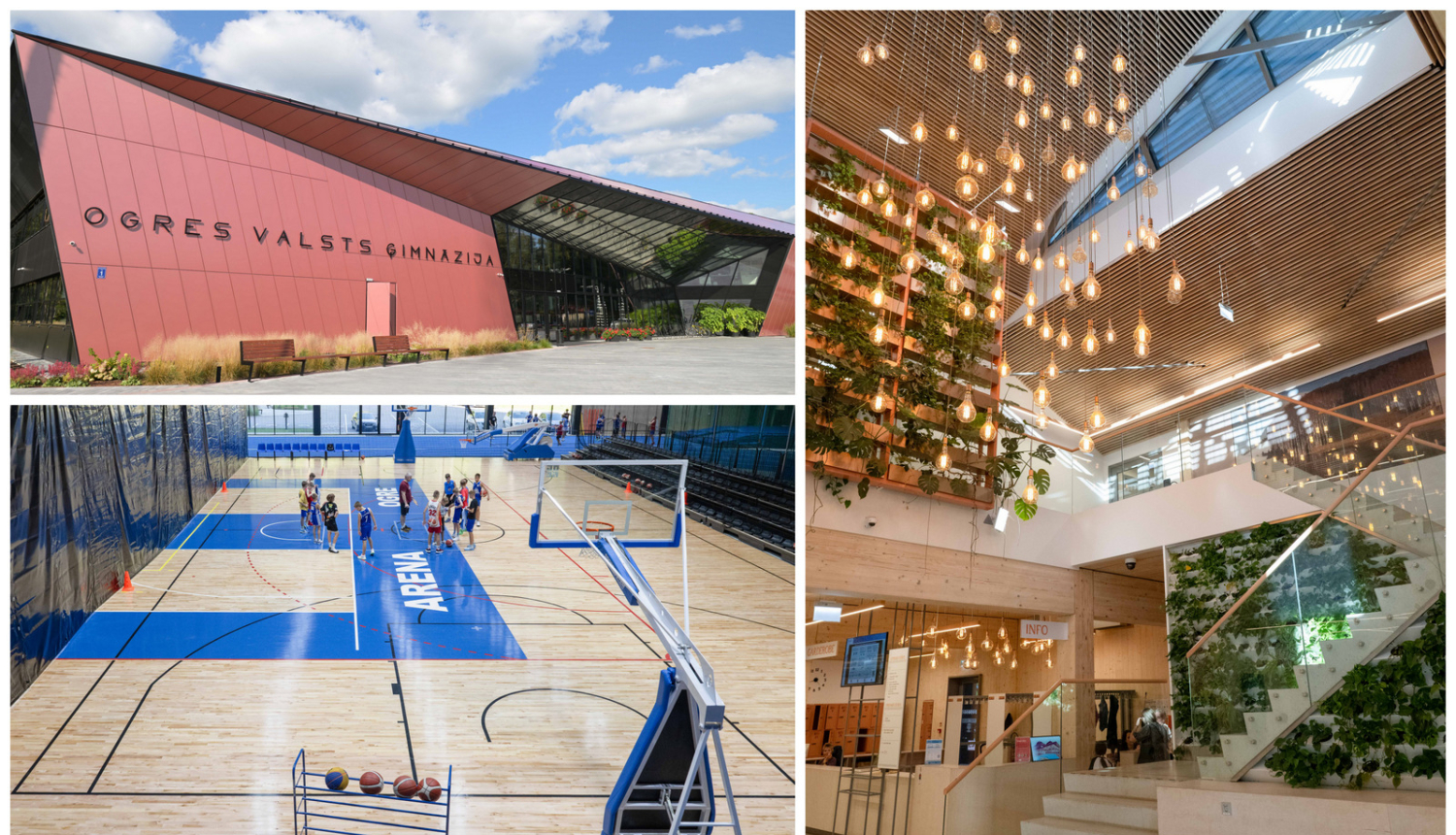 Kolāža ar Ogres Valsts ģimnāzijas fasādi, sporta arēnas zāli un Ogres Centrālās bibliotēkas iekštelpām
