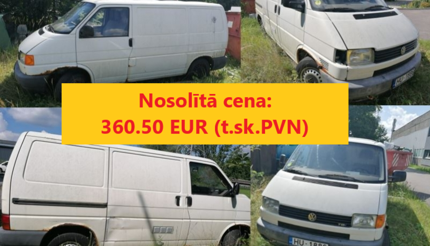 Automašīnas VolksWagen Transporter izsoles rezultāts. Nosolītā cena 360,50 eur. Fonā kolāža no automašīnas fotoattēliem