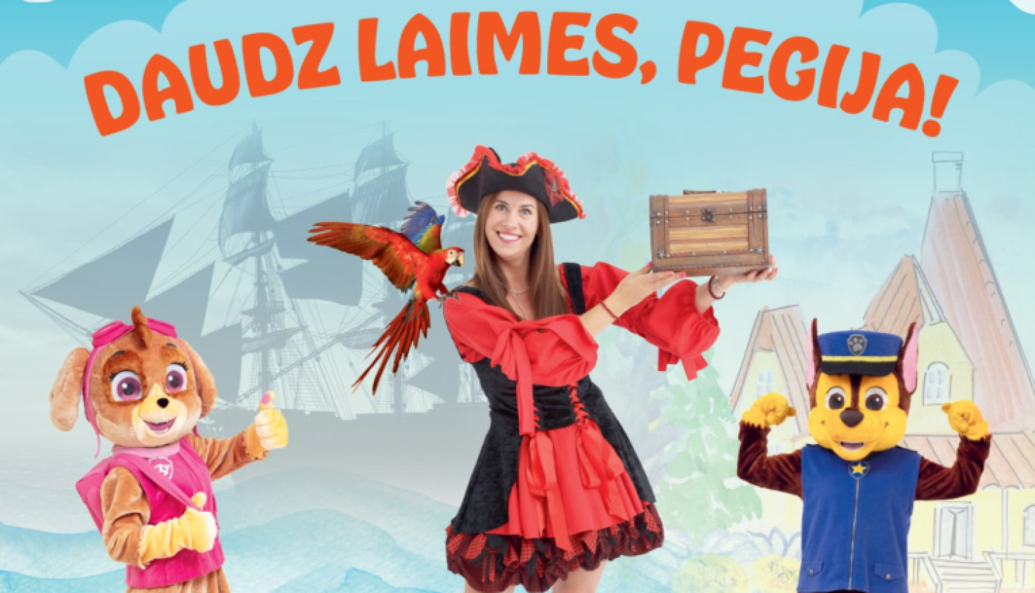 Afiša izrārei Daudz laimes, Pegija! ar multfilmu varoņiem